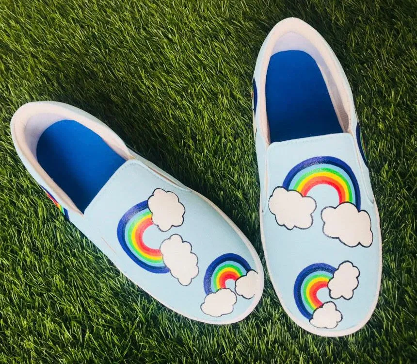 Funky N Trendy hand painted water resistant Cloud theme slip on shoes/ handpainted shoes/ women shoes / funky shoes/ blue shoes / funky handpainted shoes