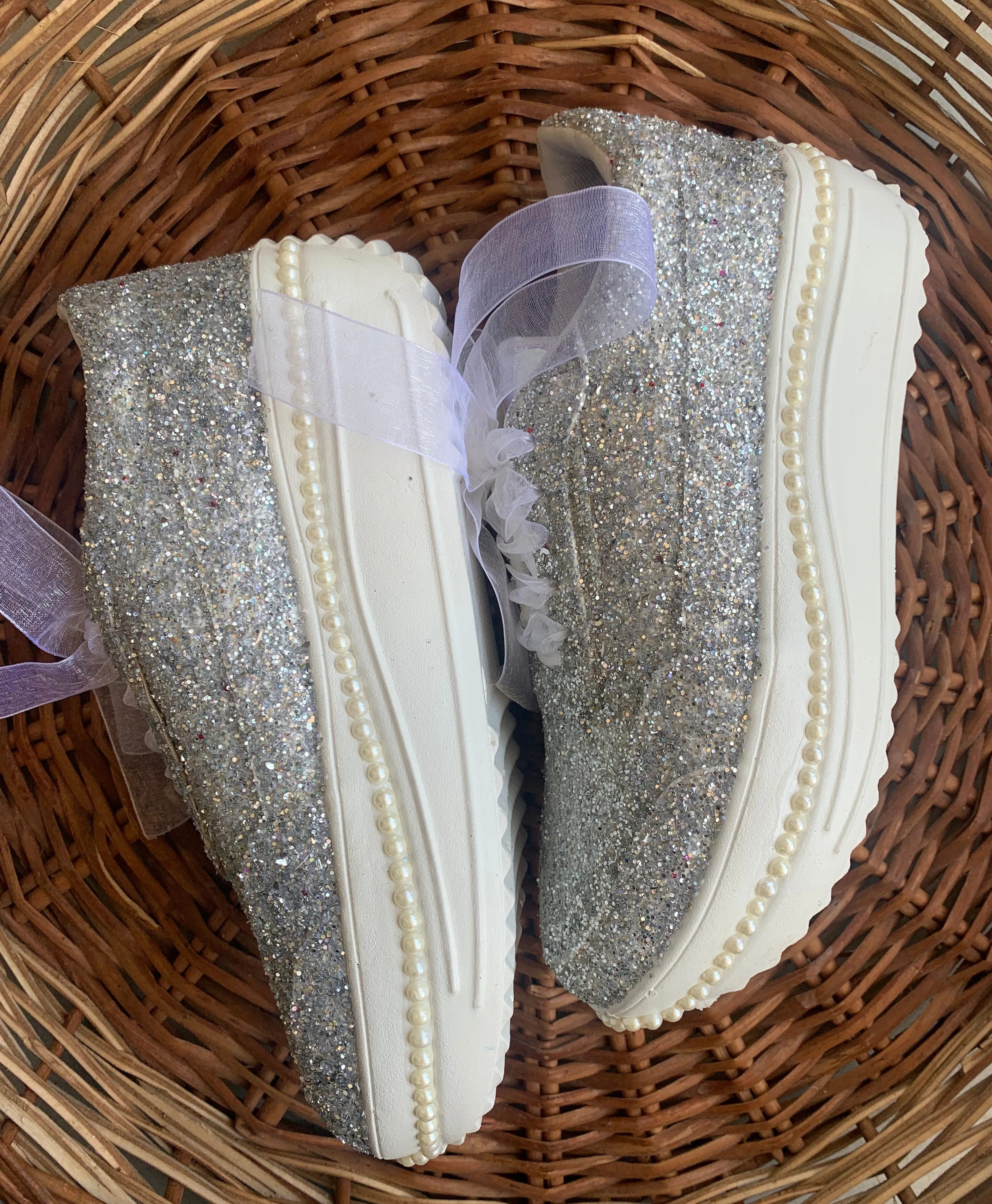 FUNKY N TRENDY silver glitter heeled sneakers with pearl detailing for brides /bridesmaids / sneakers for bridesmaids/ handcrafted sneakers/ glitter sneakers / bridal sneakers / bridesmaid sneakers/ silver sneakers / silver shoes