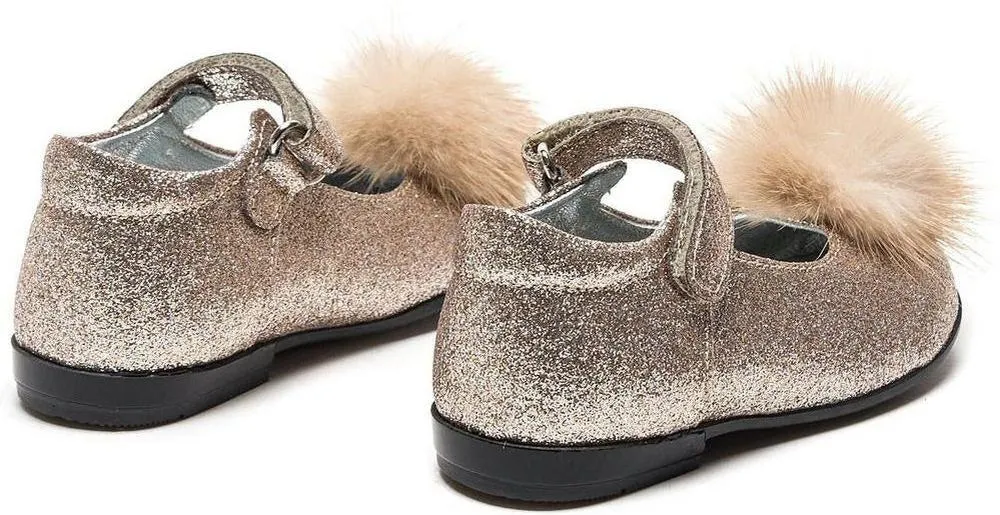 Girls Gold Glitter Pom Pom Shoes