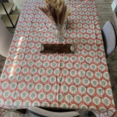 Hand Block Print Tablecloth, Indian Block Print, Terracotta Cotton Table Decor, Rectangle, Gift for Home, Farmhouse Decor