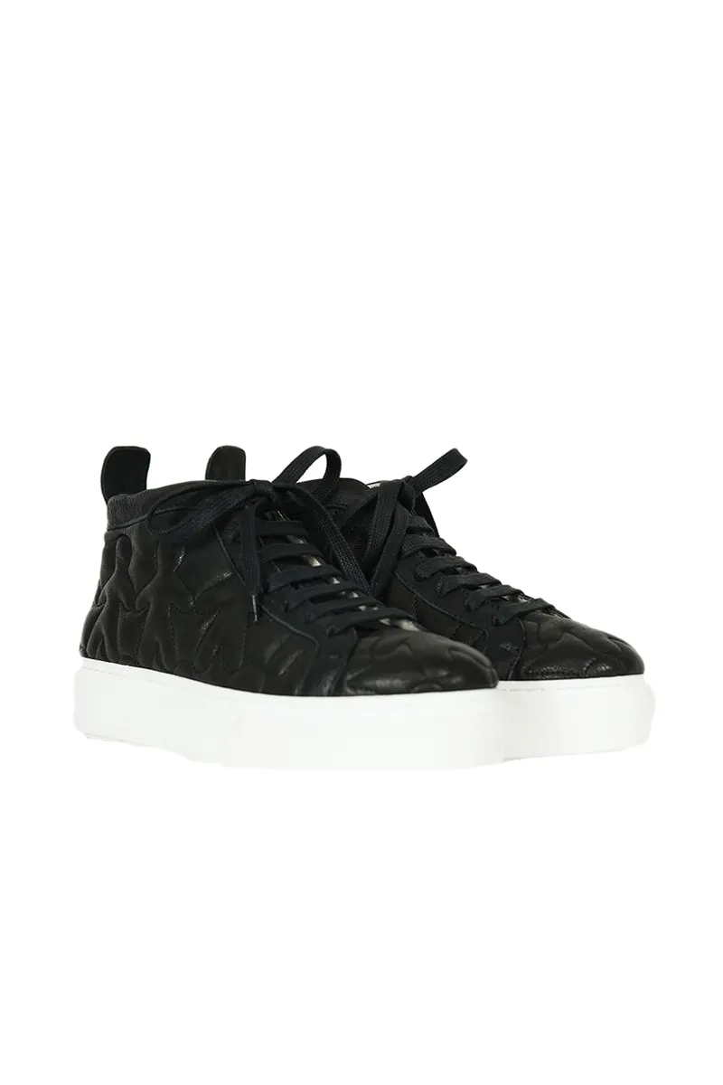 High Top Leather Shoe in Trapuntato Nero