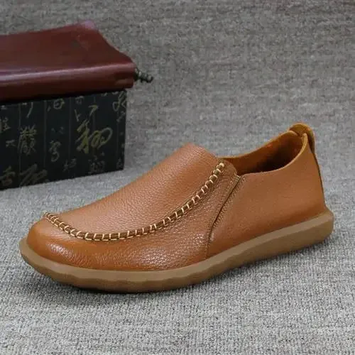 Hnzxzm Vintage Men's Genuine Leather Casual Shoes Spring/Autumn Beef Tendon Sole Driving Loafers Handmade Sewing Designer Flats