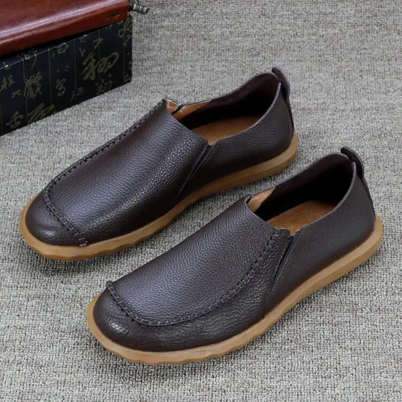 Hnzxzm Vintage Men's Genuine Leather Casual Shoes Spring/Autumn Beef Tendon Sole Driving Loafers Handmade Sewing Designer Flats