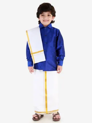 Jashvi Boys' Blue Silk Long Sleeves Ethnic Shirt Mundu Vesty Style Dhoti Pant Set