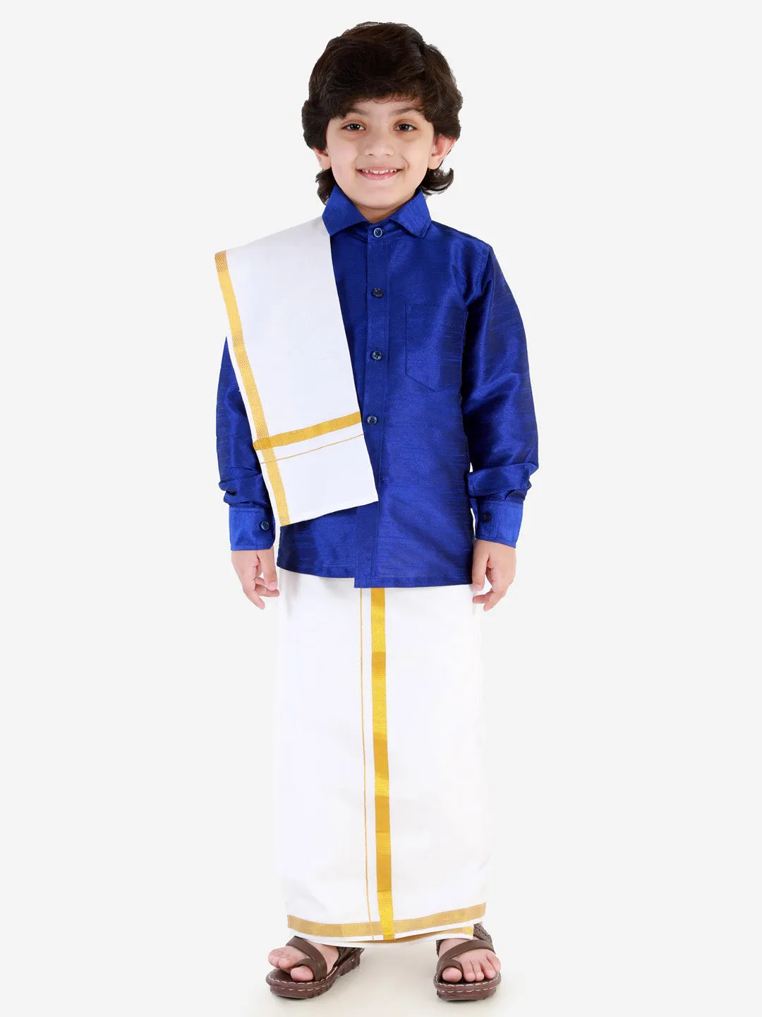 Jashvi Boys' Blue Silk Long Sleeves Ethnic Shirt Mundu Vesty Style Dhoti Pant Set