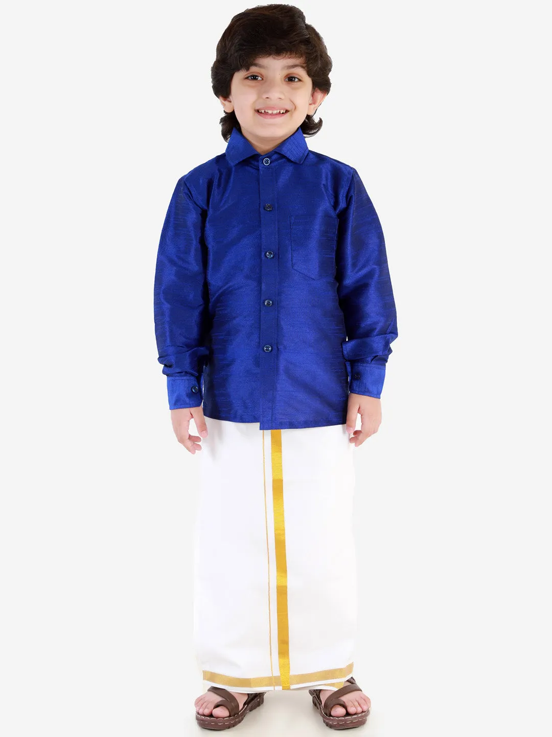 Jashvi Boys' Blue Silk Long Sleeves Ethnic Shirt Mundu Vesty Style Dhoti Pant Set