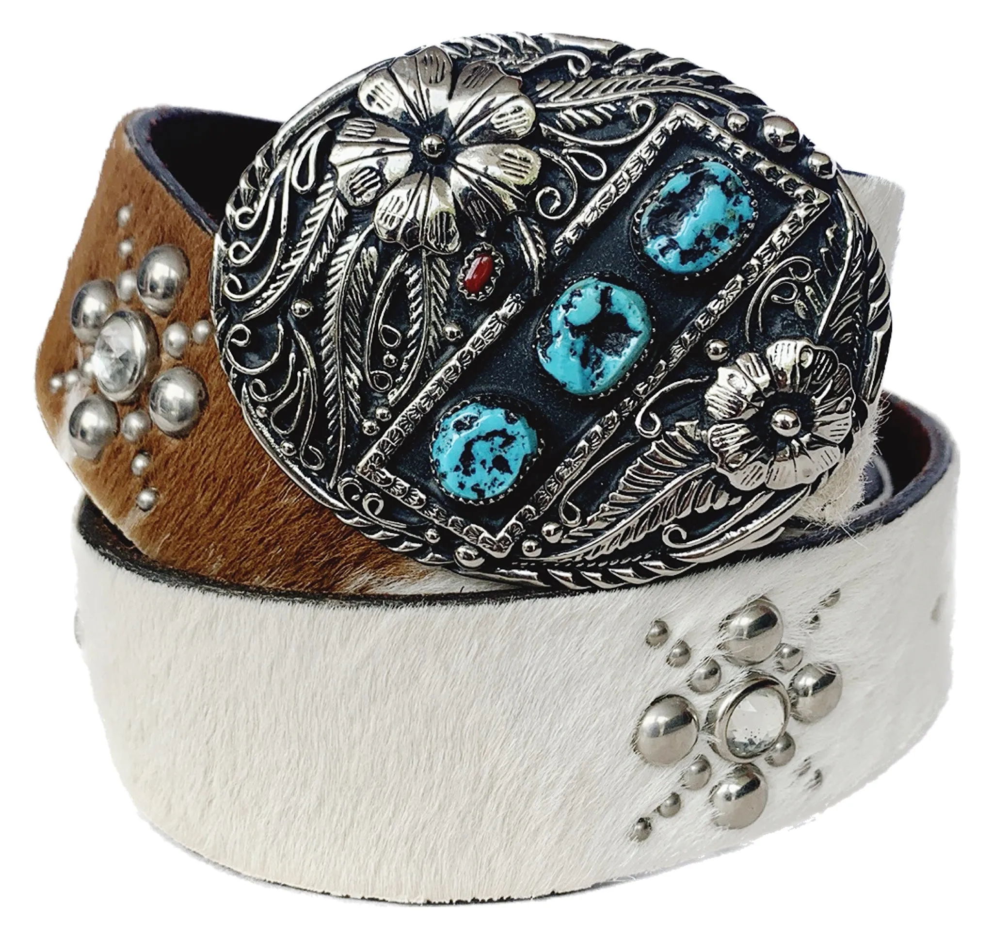 JO-ED Hair On Pony Western Belt, Handcrafted USA Silver Turquoise Coral Floral Buckle Set