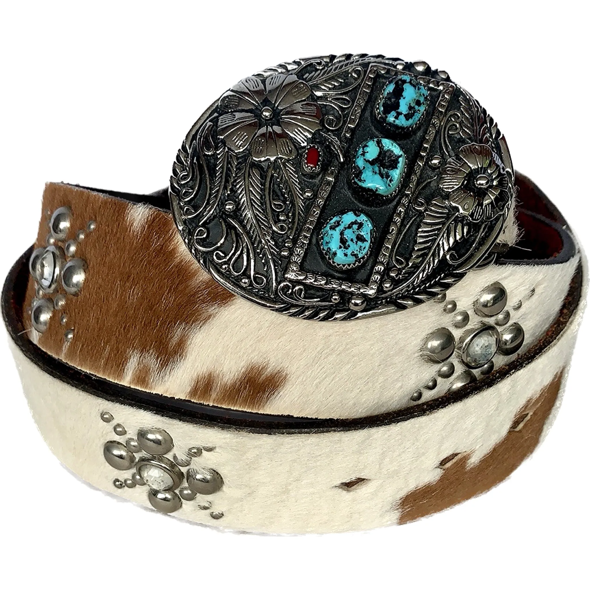 JO-ED Hair On Pony Western Belt, Handcrafted USA Silver Turquoise Coral Floral Buckle Set