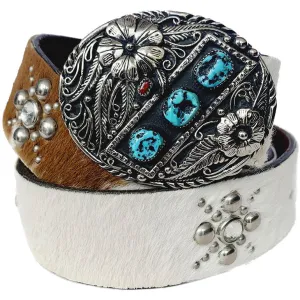 JO-ED Hair On Pony Western Belt, Handcrafted USA Silver Turquoise Coral Floral Buckle Set