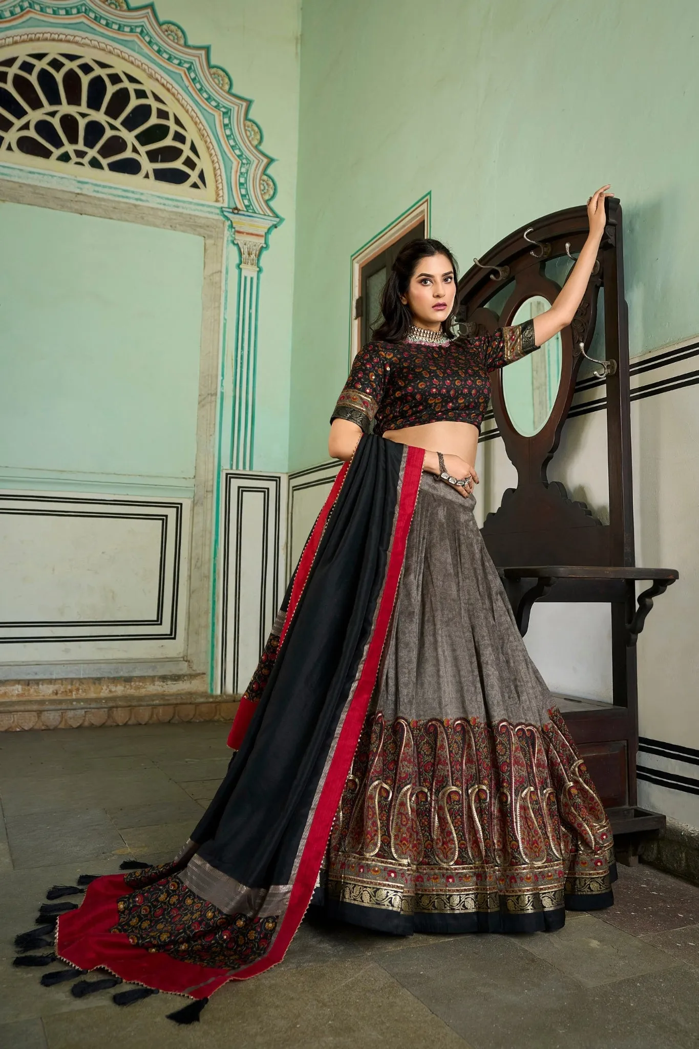 Kashmiri Printed Silk Lehenga Choli