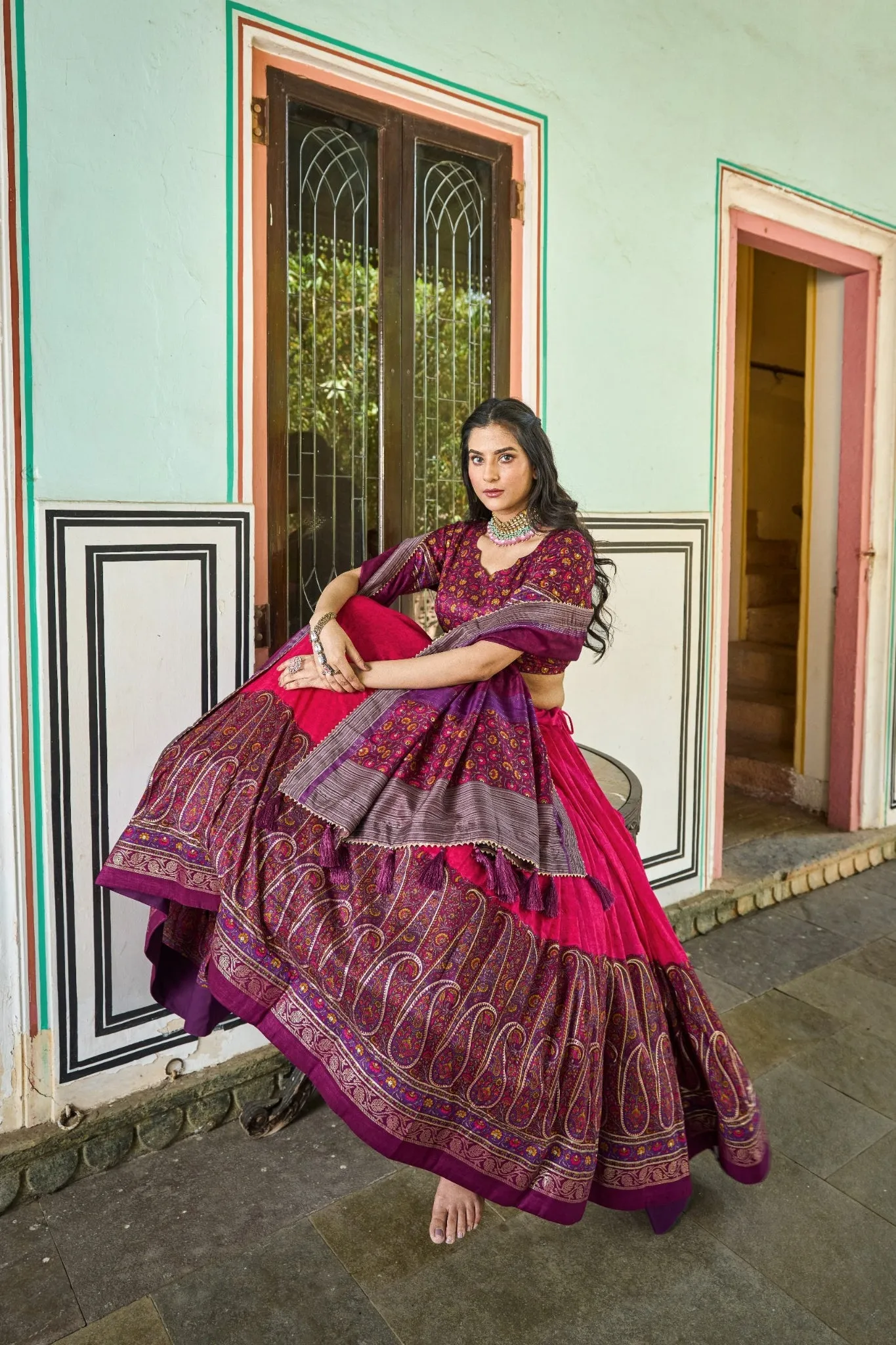 Kashmiri Printed Silk Lehenga Choli