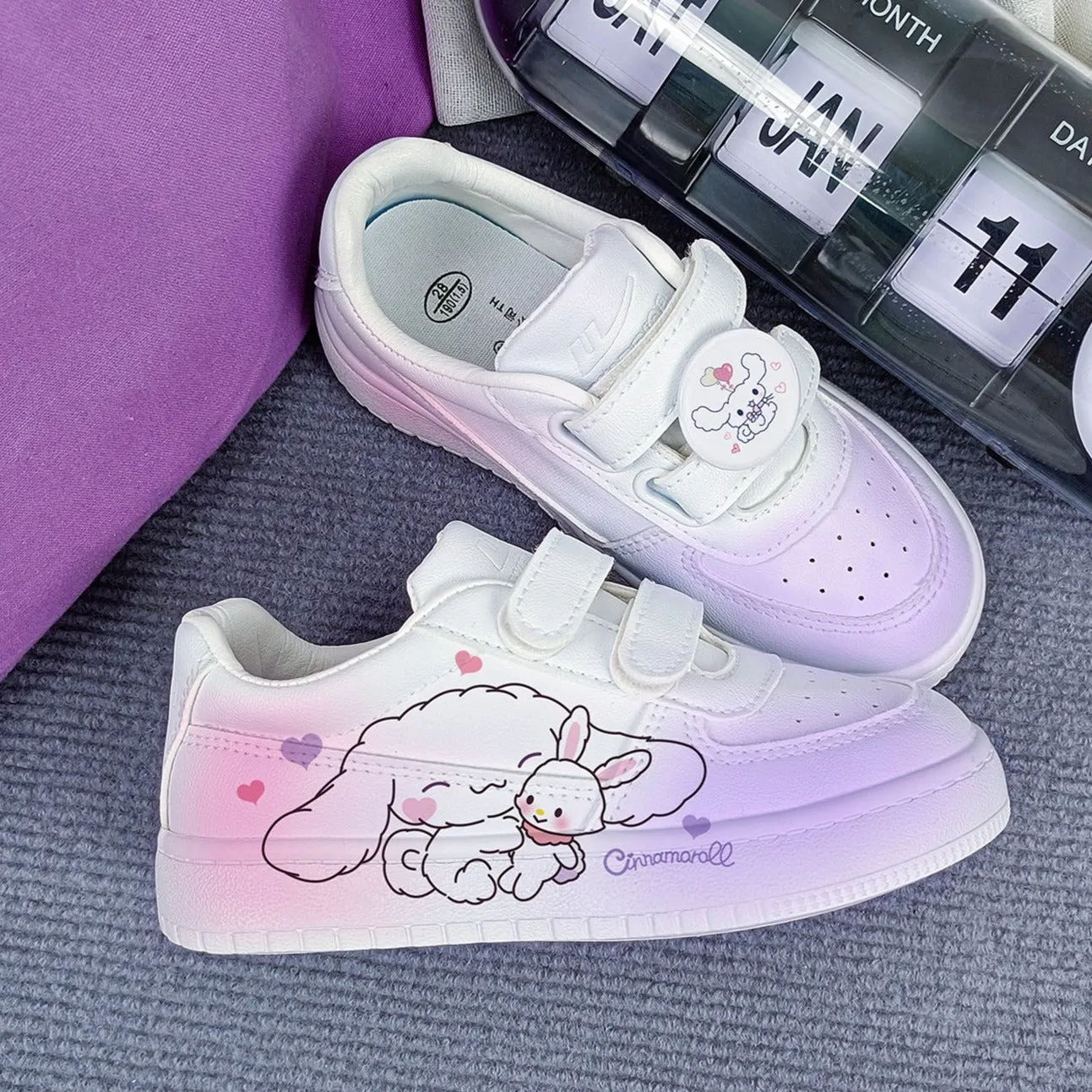 Kawaii Cartoon Dog and Rabbit Student Sneakers Kids Size with Velcro Fastener