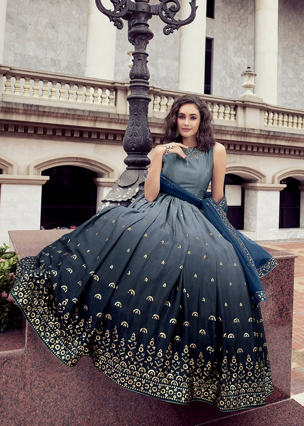 Lavish Grey And Blue Chinon Reception Wear Gown