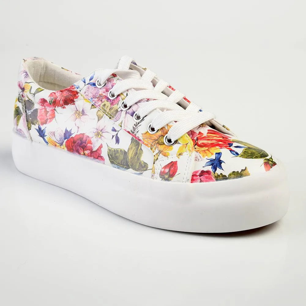 Madison Ladies Platform Floral Sneaker - White Floral