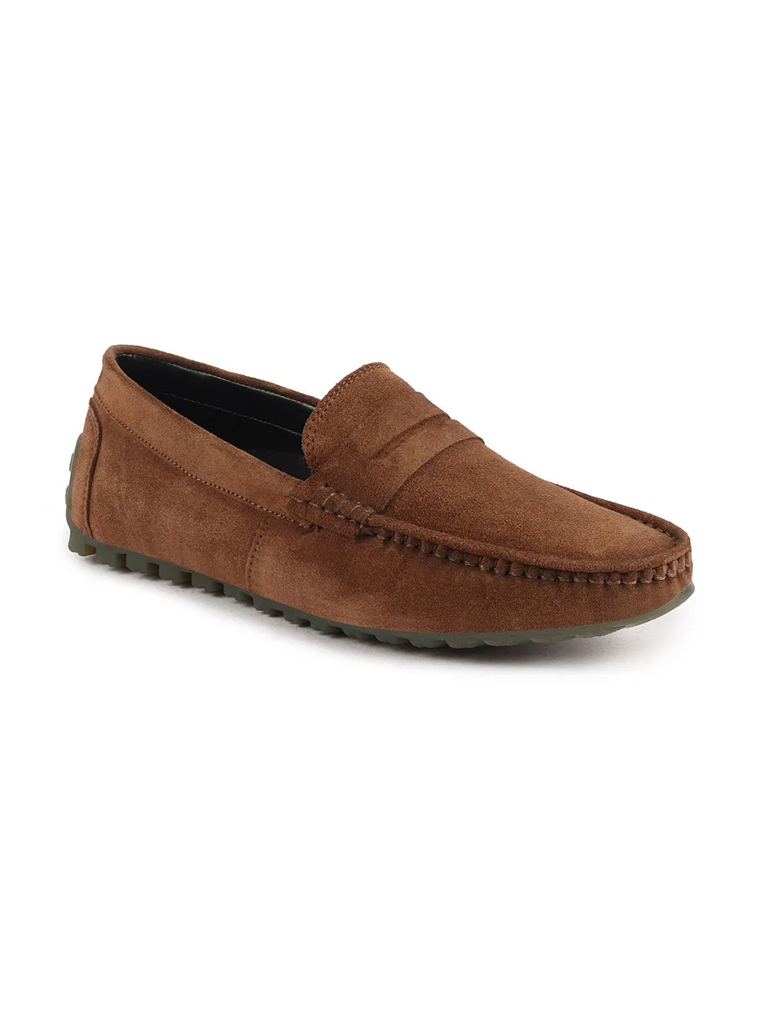 Men Camel Suede Leather Side Stitched Slip On Driving Loafers and Mocassin