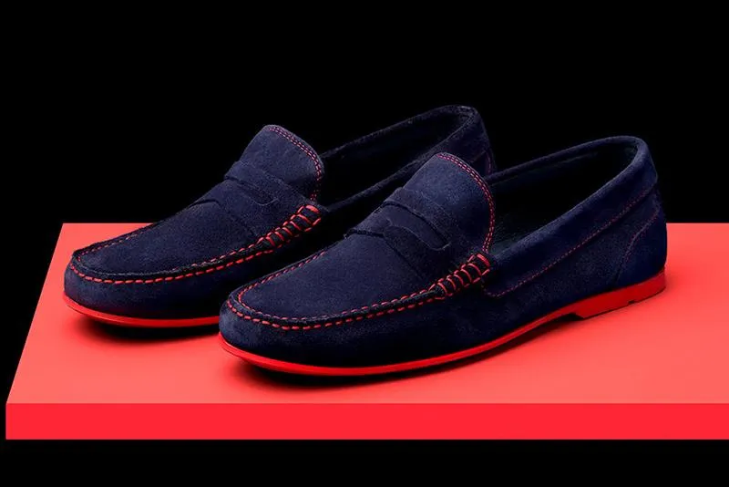 Mens Navy Blue & Red Suede Driving Loafers- Size 12