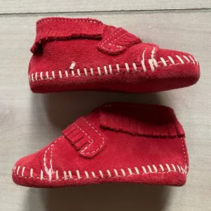 Minnetonka Red Suede Velcro Bootie Moccassin