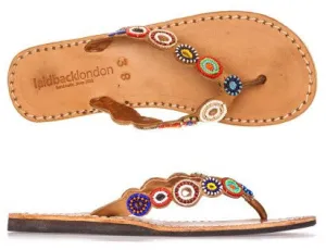 Multi Mid Brown Beaded Peak Flat Sandals