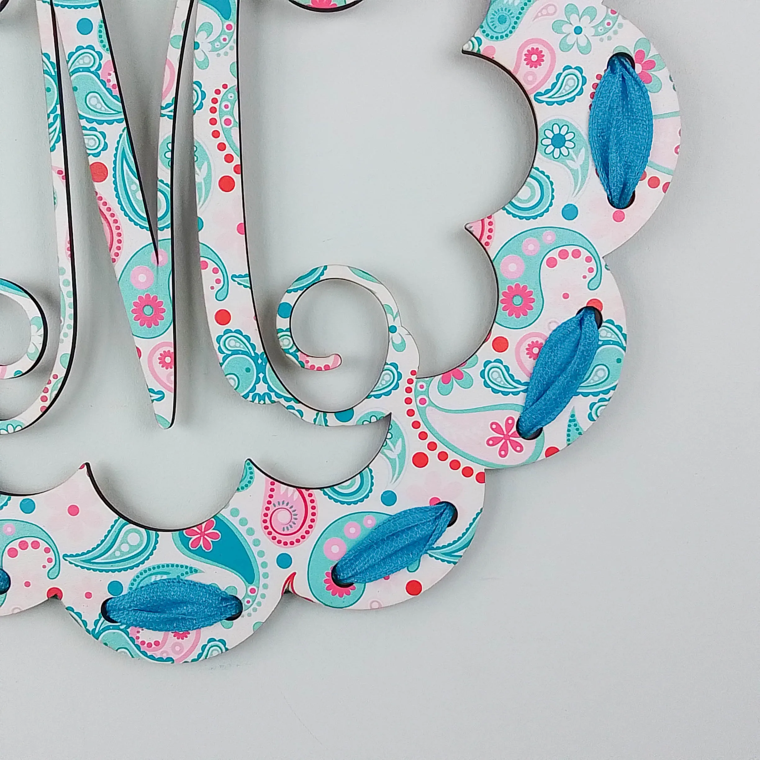 Personalized Birch Wood Door Hanger, Pastel Paisley Design, Letter Accent