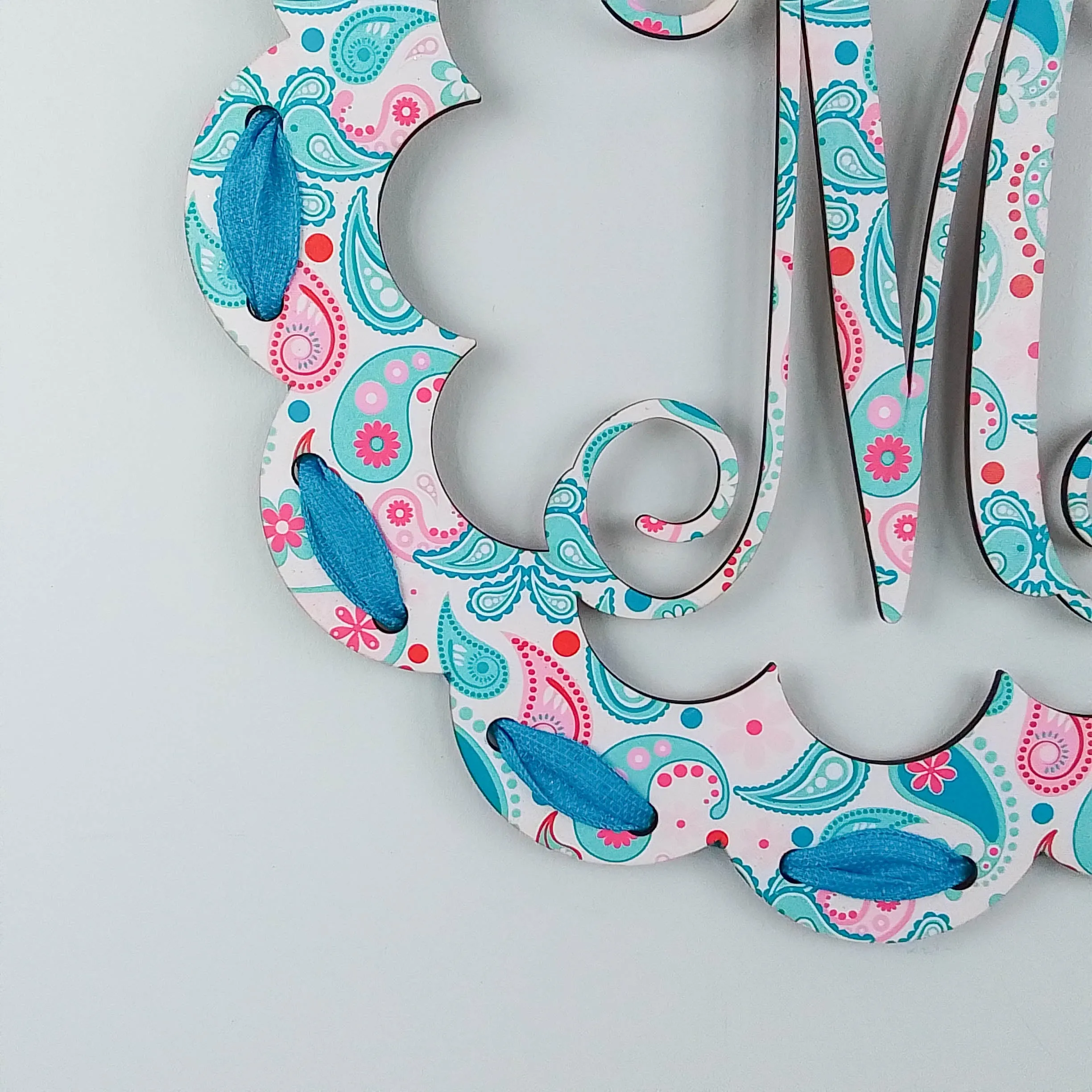 Personalized Birch Wood Door Hanger, Pastel Paisley Design, Letter Accent