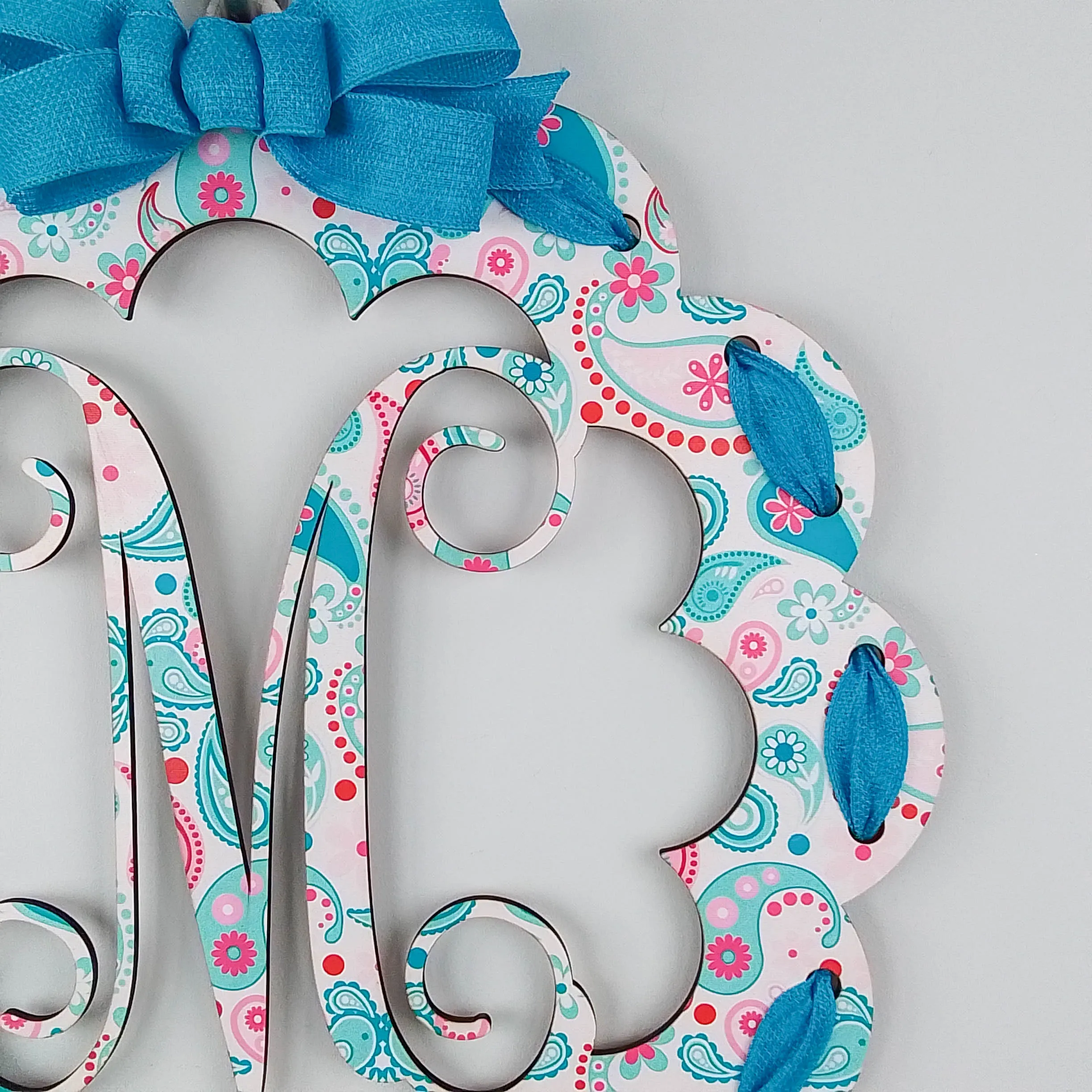 Personalized Birch Wood Door Hanger, Pastel Paisley Design, Letter Accent