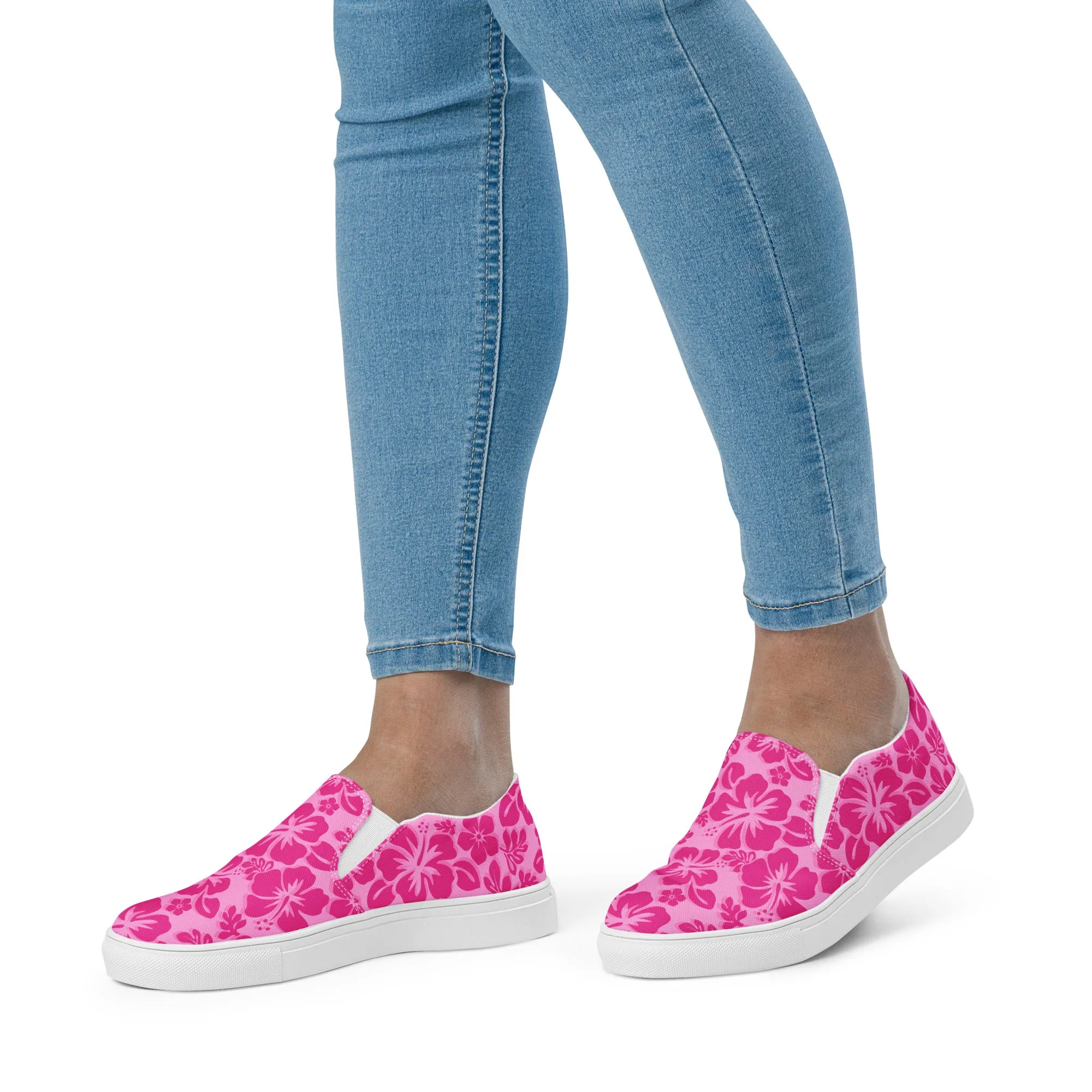 Raspberry Pinks Hawaiian Flowers Women's Slip On Canvas Shoes