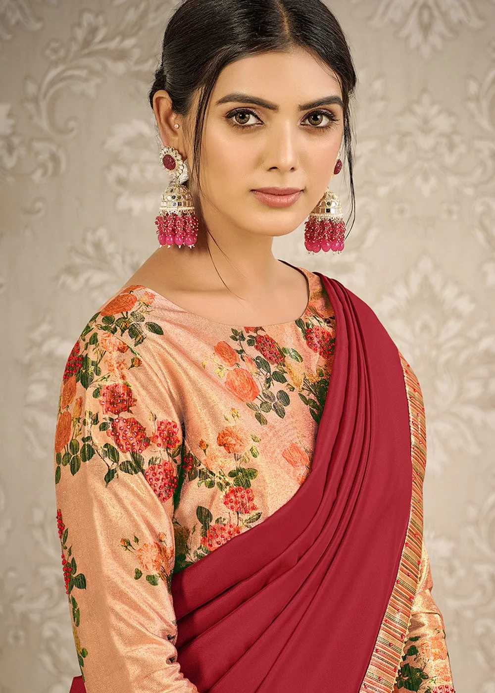 Red & Rose Gold Digital Print Satin Silk Saree