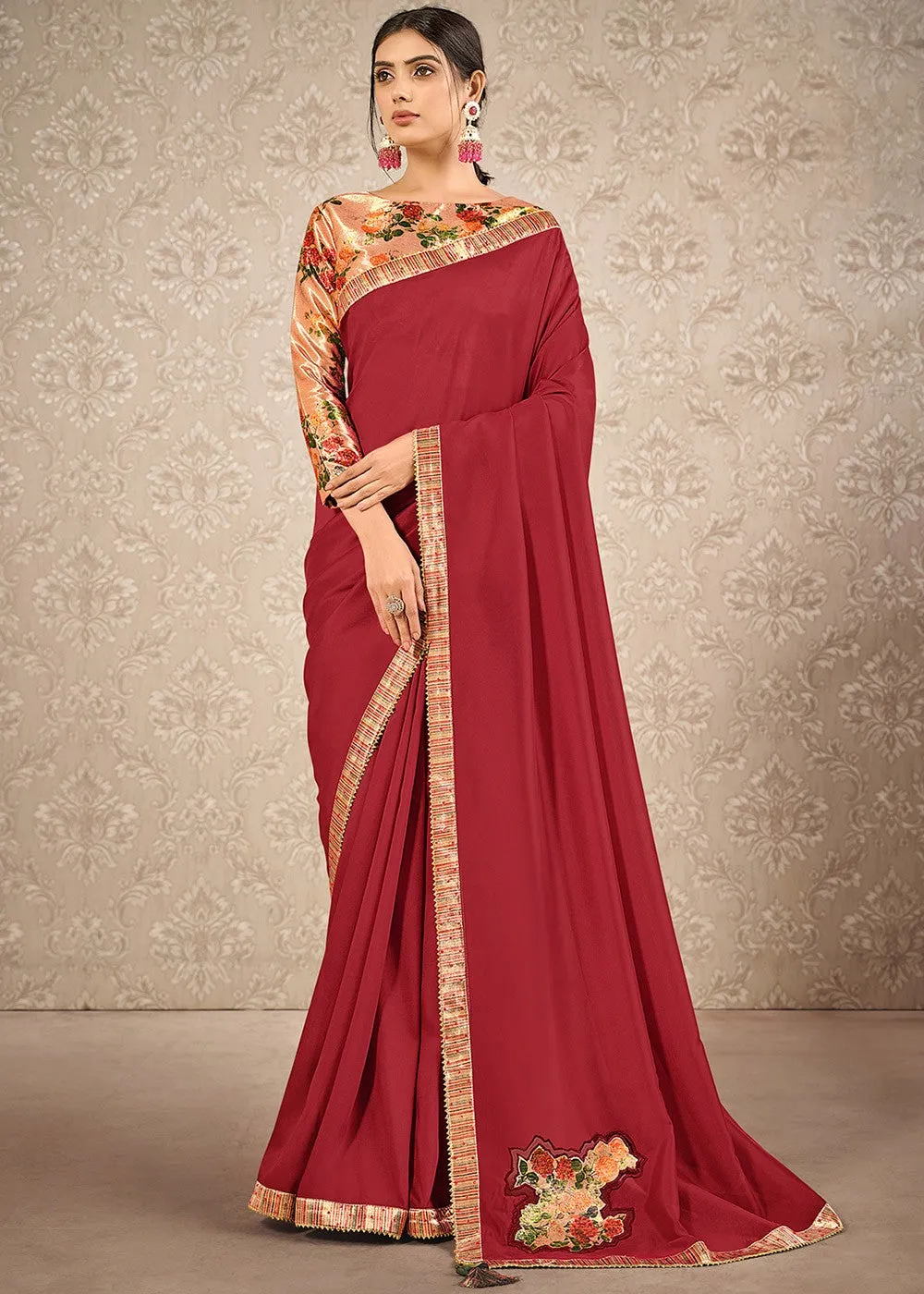 Red & Rose Gold Digital Print Satin Silk Saree