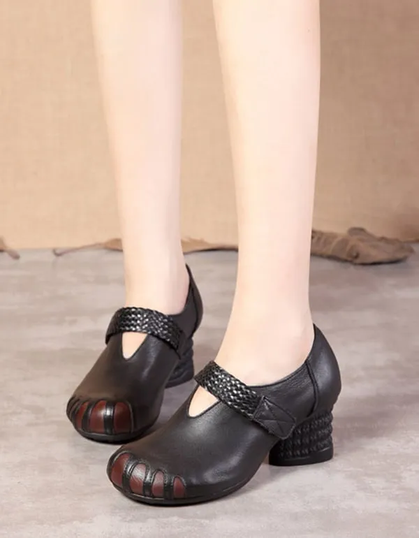 Retro Leather Velcro Round-Headed Chunky Shoes