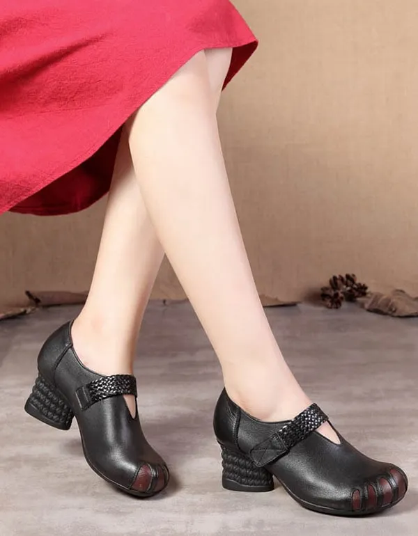 Retro Leather Velcro Round-Headed Chunky Shoes