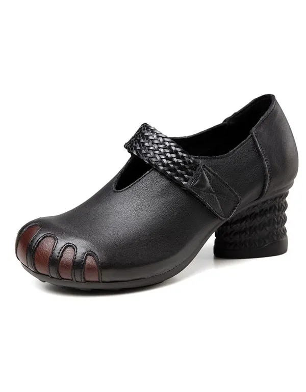 Retro Leather Velcro Round-Headed Chunky Shoes