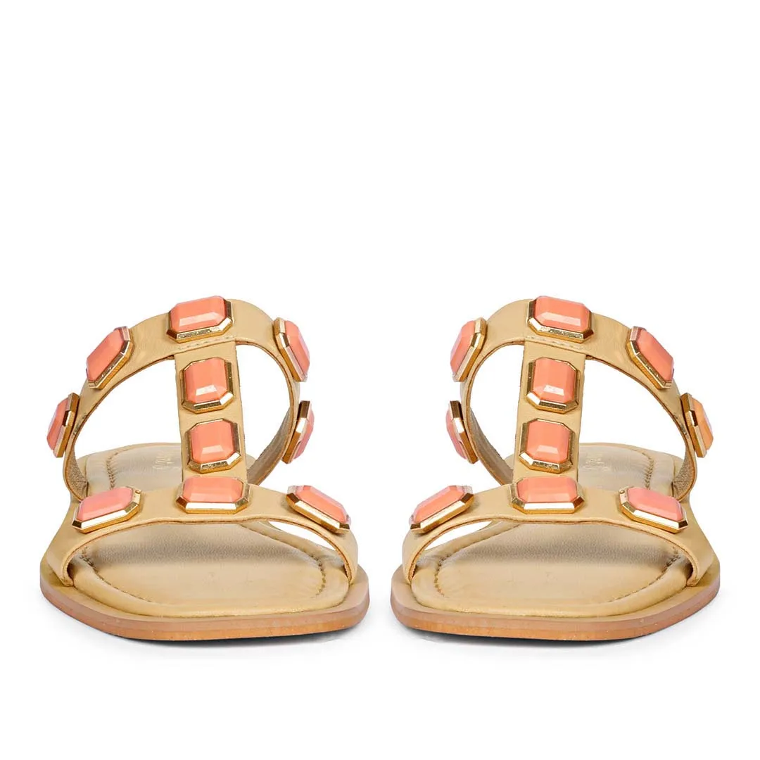 Saint Celeste Pink Stones Embellished Natural Leather Flats