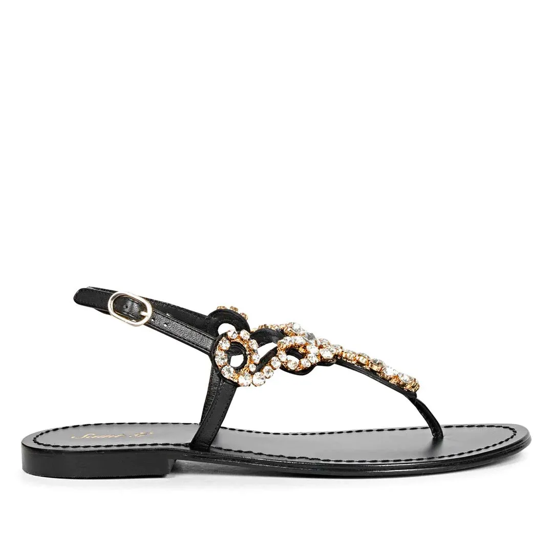 Saint Kaia Transparent Stone Black Leather Sandals