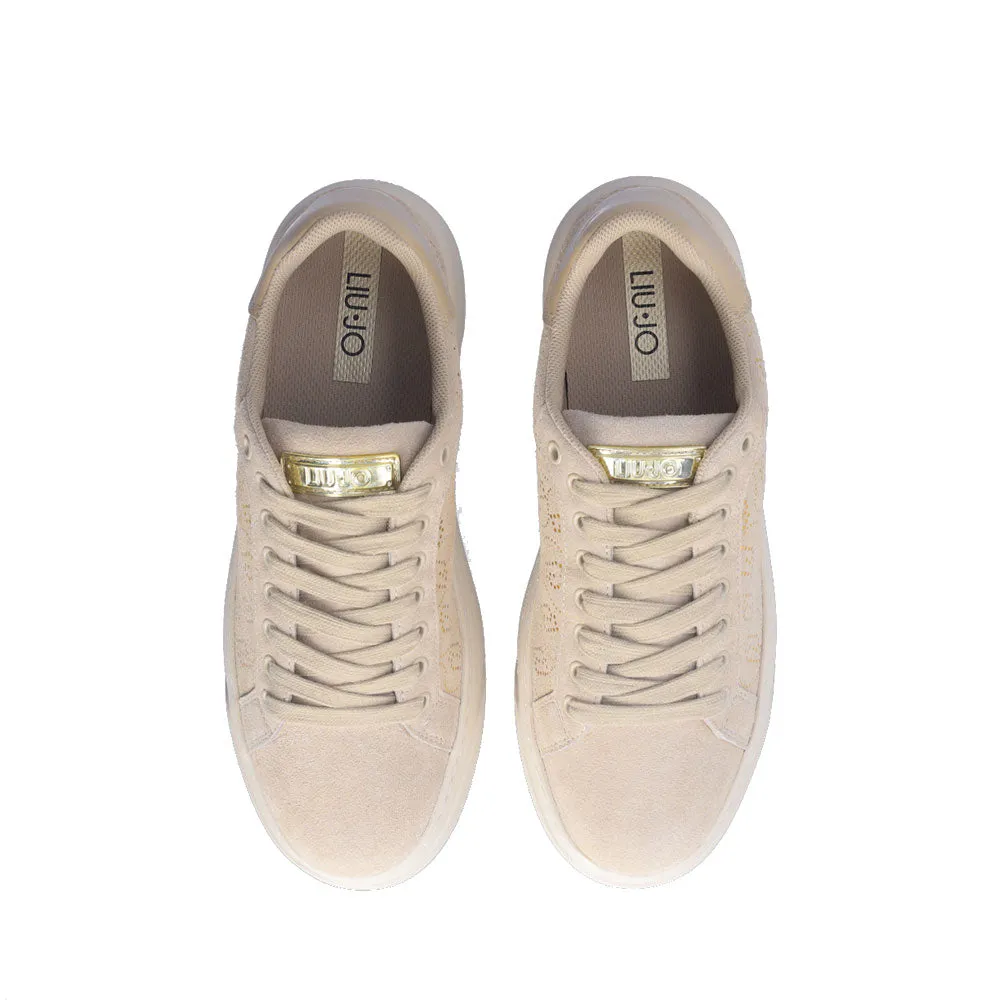 Scarpe Donna LIU JO Cleo 12 Sneakers in Suede Beige con Logo Monogram in Paillettes