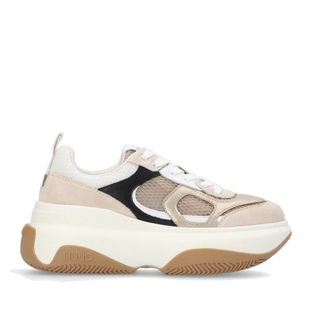 Scarpe Donna LIU JO Sneakers Chunky June 14 in Pelle e Mesh Sand Light Gold e Off White