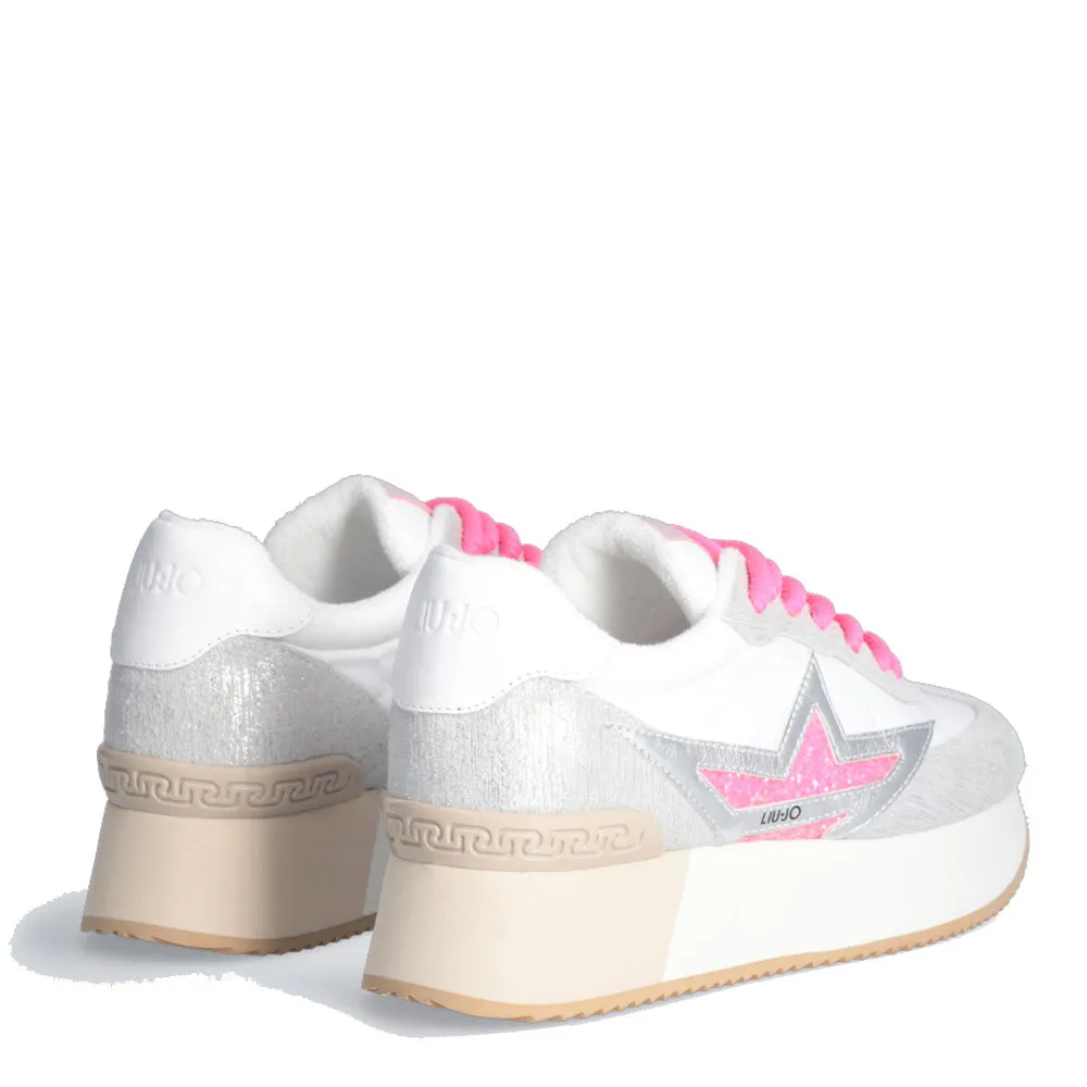 Scarpe Donna LIU JO Sneakers Platform Dreamy 03 in Suede Nylon e Inserti Laminati White e Fuxia Fluo