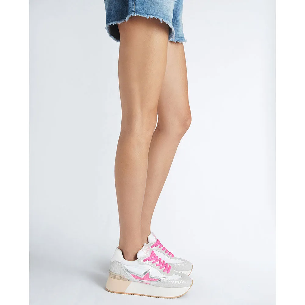 Scarpe Donna LIU JO Sneakers Platform Dreamy 03 in Suede Nylon e Inserti Laminati White e Fuxia Fluo