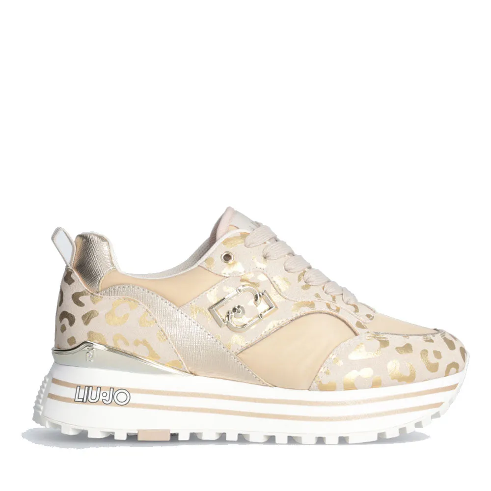 Scarpe Donna LIU JO Sneakers Platform Maxi Wonder 73 in Suede e Nylon stampa Animalier Light Gold