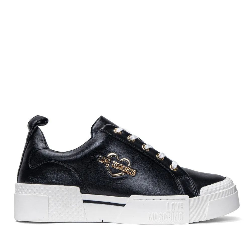 Scarpe Donna LOVE MOSCHINO Sneakers in Pelle Nera linea Gold Metal Logo