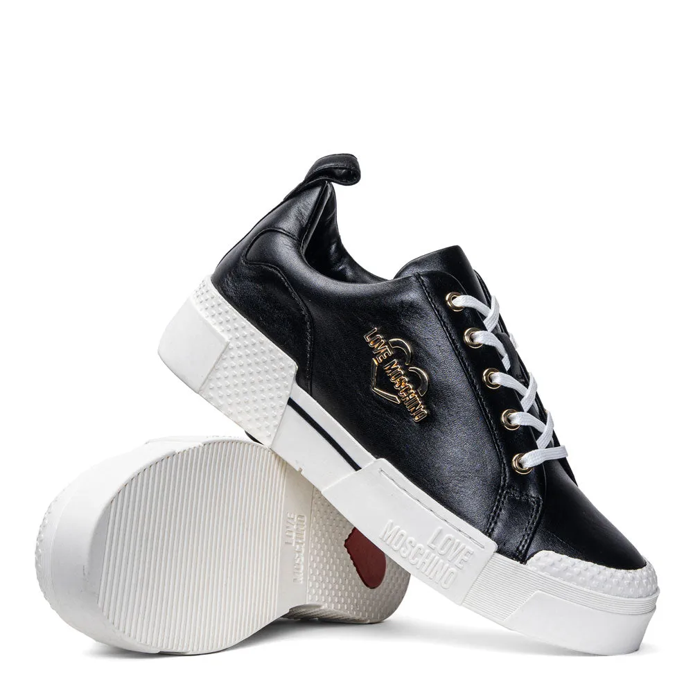 Scarpe Donna LOVE MOSCHINO Sneakers in Pelle Nera linea Gold Metal Logo