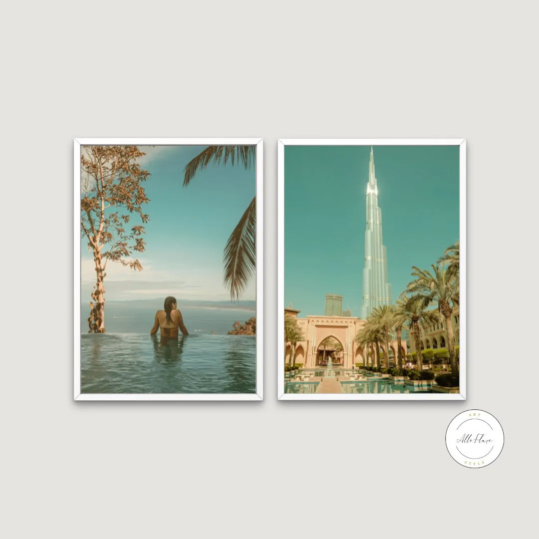 Set Of 2 Luxury Travel Posters INSTANT DOWNLOAD Art Prints, Pool Dubai Poster, Relaxing Wall Art, Green Aesthetics, Luxury Coastal Wall Art