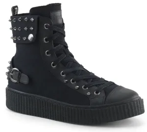 Sneeker-266 Black Canvas Hi-Top Sneaker Platform Creeper Shoe w/ Cuffed Snap Collar and Buckle Heel Strap