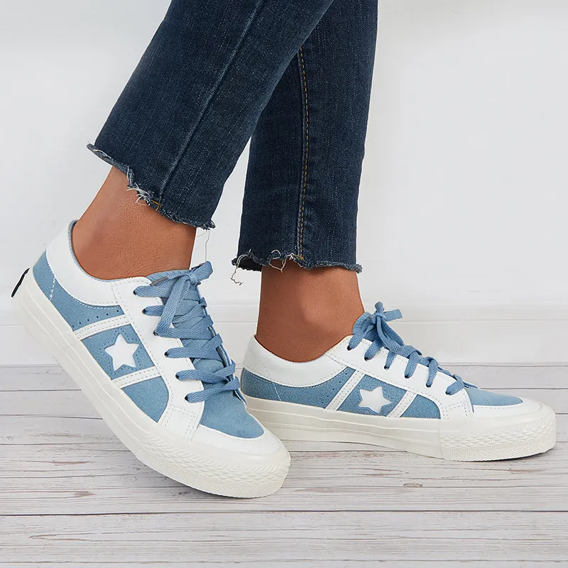 Sohiwoo  Women Splicing Canvas Sneakers Lace Up Thick Sole Casual Shoes