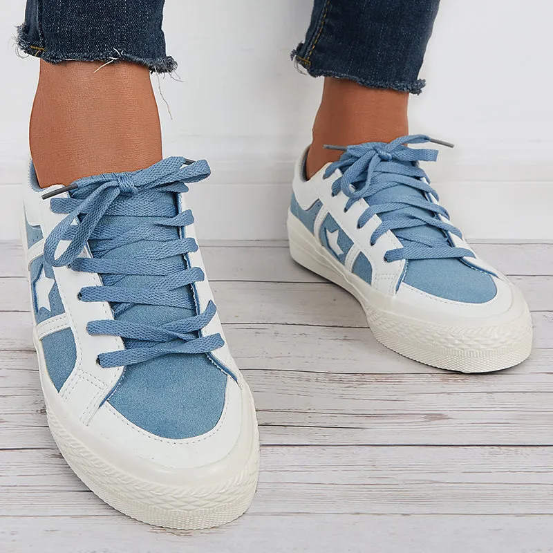 Sohiwoo  Women Splicing Canvas Sneakers Lace Up Thick Sole Casual Shoes