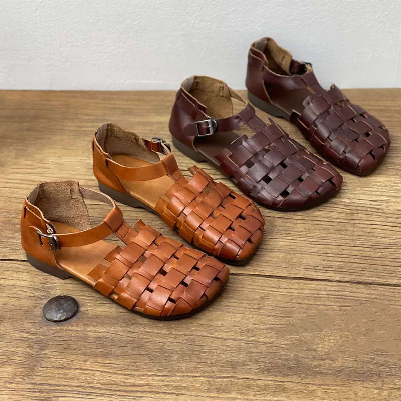 Square Toe Soft Leather Woven Fishermen Sandals