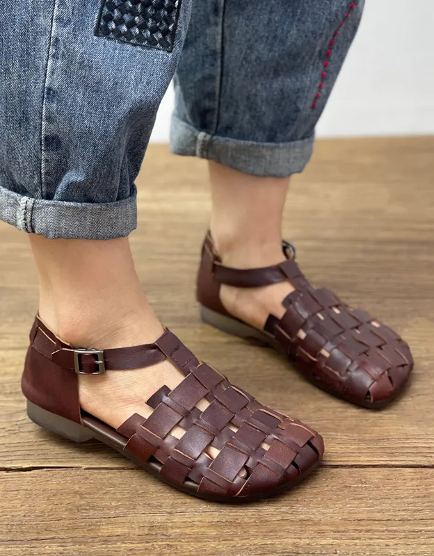 Square Toe Soft Leather Woven Fishermen Sandals