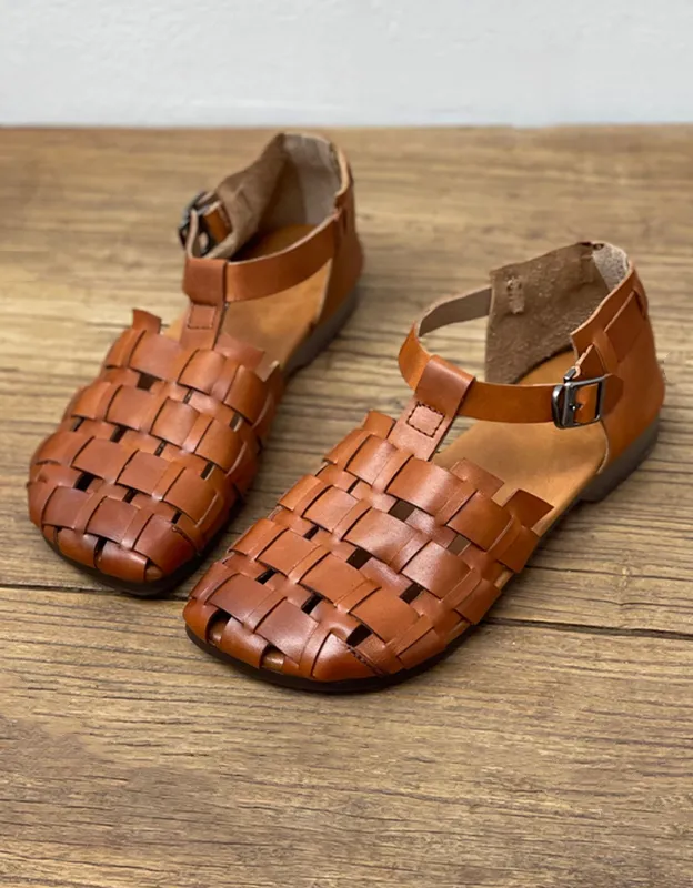 Square Toe Soft Leather Woven Fishermen Sandals