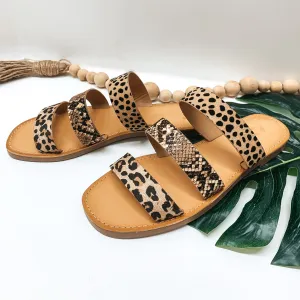 Stepping Up Three Strap Slide On Sandals in Mixed Animal Print