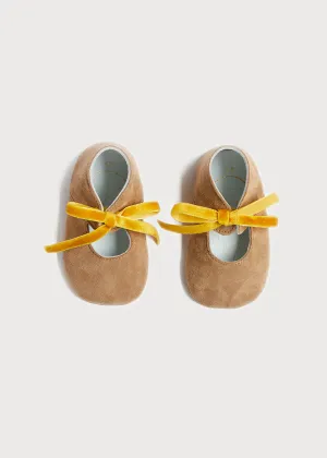 Suede Velvet Ribbon Pram Shoes in Beige (17-20EU)