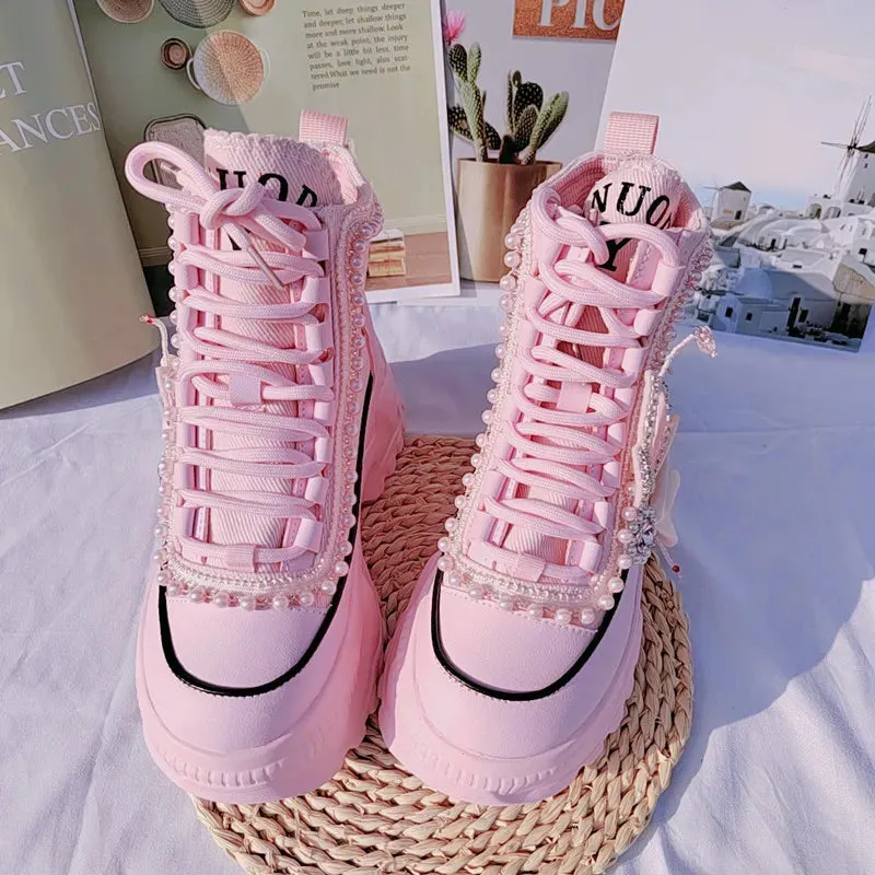 Sweet Pink Casual High Platform Sneakers for Women | Lace-Up Ankle Booties with Pearls & Rhinestones | Thick Bottom Ladies Casual Shoes